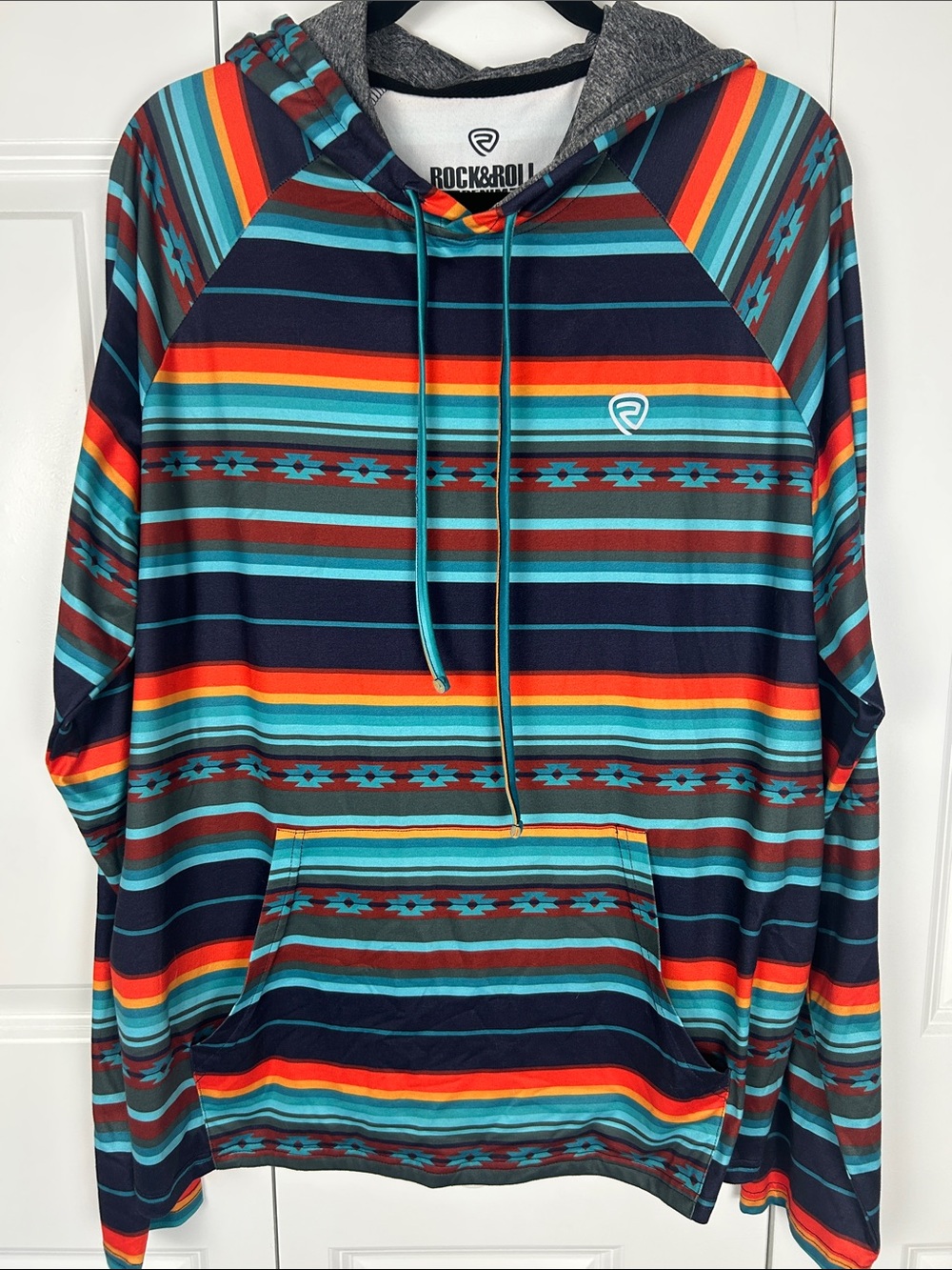 Rock & Roll Denim Men's Striped Pullover Hoodie - Teal & Navy Size Large